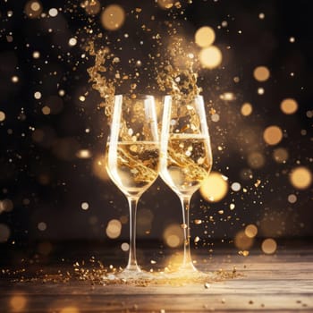 Two glasses of champagne on a blurred background with a golden hue