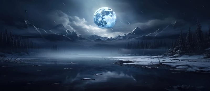 Dramatic landscape. Lesi and the lake against the background of the moon. Cinematic