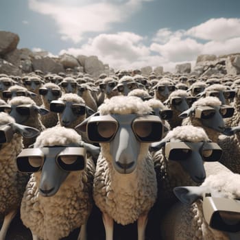 A herd of sheep wearing virtual reality glasses. A vision for the future