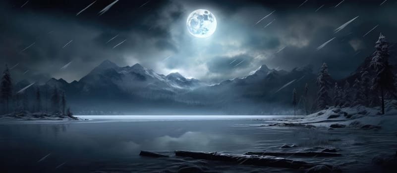 Dramatic landscape. Lesi and the lake against the background of the moon. Cinematic