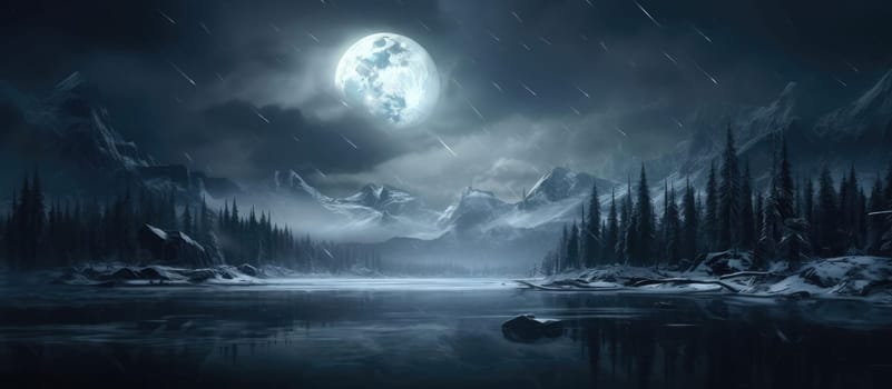 Dramatic landscape. Lesi and the lake against the background of the moon. Cinematic