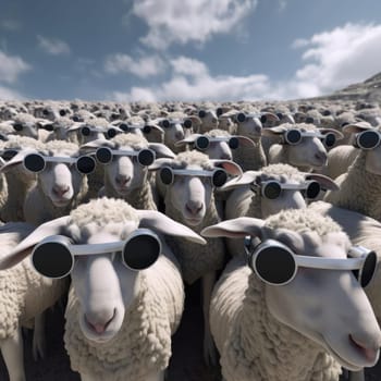 A herd of sheep wearing virtual reality glasses. A vision for the future