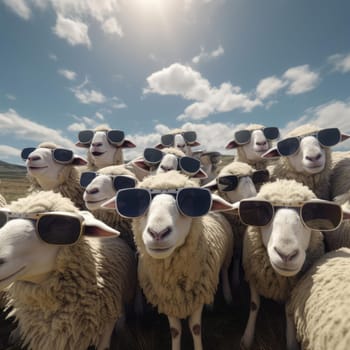 A herd of sheep wearing virtual reality glasses. A vision for the future