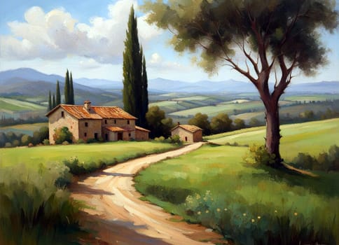 AI generated oil painting of panoramic view of rolling hills dotted with farm house.