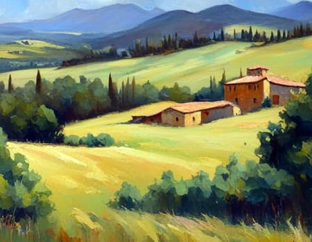 AI generated panoramic view of a farm house among rolling hills of Tuscany countryside.