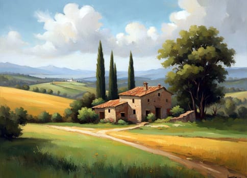 AI generated panoramic view of a farm house among rolling hills of Tuscany countryside.