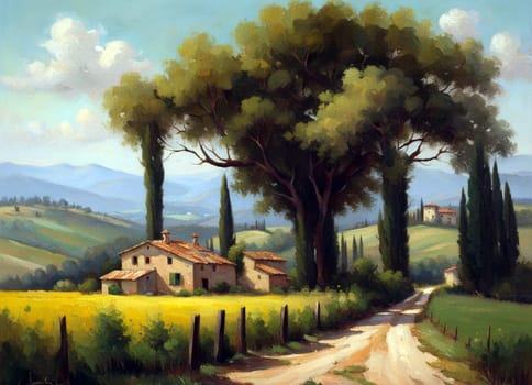 AI generated oil painting of panoramic view of rolling hills dotted with farm house.