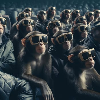 A crowd of monkeys wearing virtual reality glasses. A vision for the future