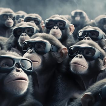 A crowd of monkeys wearing virtual reality glasses. A vision for the future