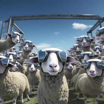 A herd of sheep wearing virtual reality glasses. A vision for the future