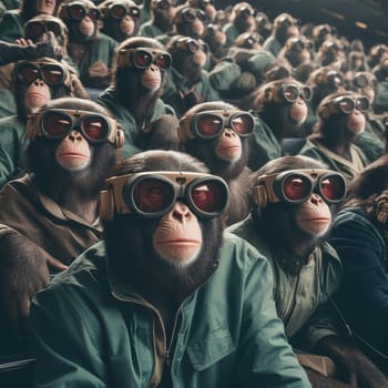 A crowd of monkeys wearing virtual reality glasses. A vision for the future