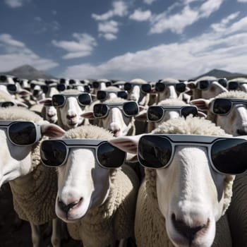 A herd of sheep wearing virtual reality glasses. A vision for the future