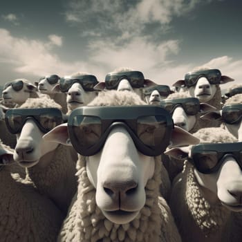 A herd of sheep wearing virtual reality glasses. A vision for the future