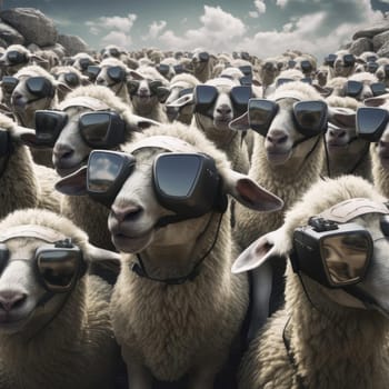 A herd of sheep wearing virtual reality glasses. A vision for the future