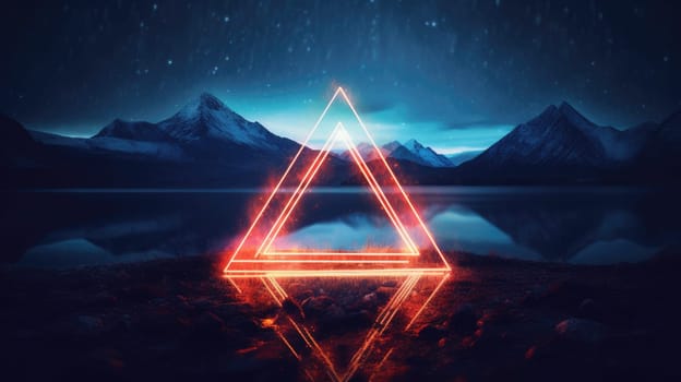 Glowing neon triangle frame over abstract landscape. Generative AI image weber.