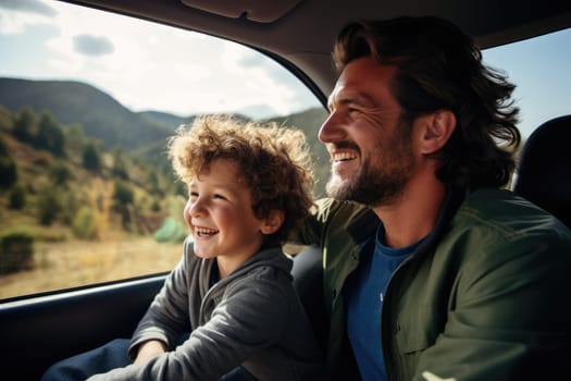 Road trip and vacation. Happy family of father and son in car driving on road, having road trip. AI Generative