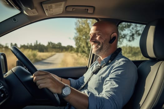 Road trip and vacation. Man driving a car using navigator and talking device. AI Generative.