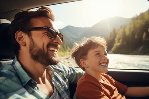 Road trip and vacation. Happy family of father and son in car driving on road, having road trip. AI Generative