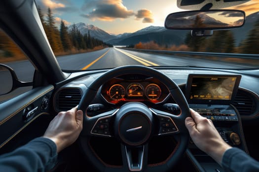Road trip and vacation. Man driving a car using navigator, back view. AI Generative.