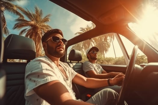 Road trip and vacation. Two friends in car driving on road, having road trip, palm trees around. AI Generative