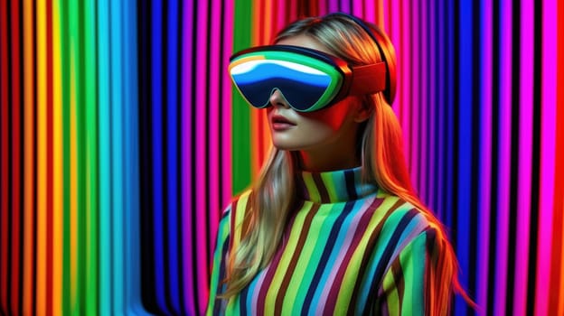 Young female model wearing VR posing with trendy fashion outfit and colorful red optical art abstract background. Picturesque generative AI