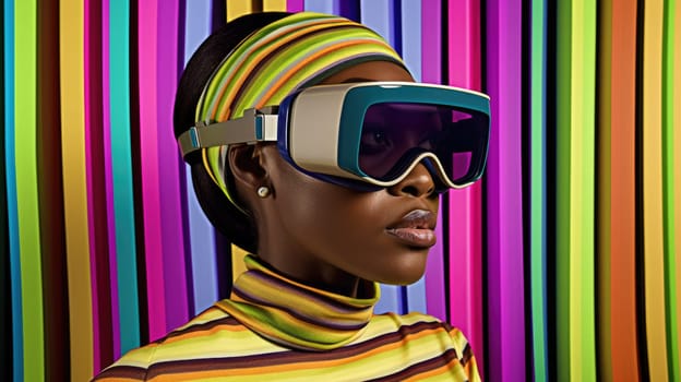 Young african female model wearing VR posing with trendy fashion outfit and colorful optical art abstract background. Picturesque generative AI