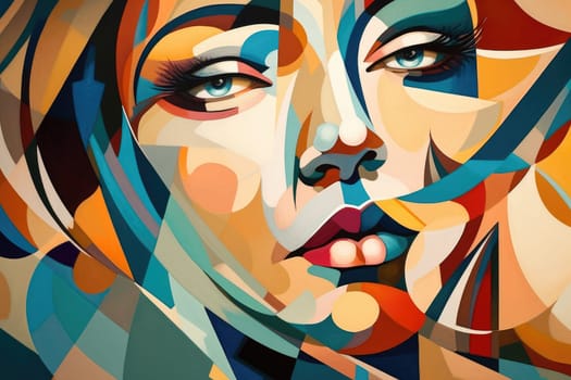 Abstract artwork that uses colorful overlapping shapes to create a portrait of a beautiful female. beautiful Generative AI AIG32