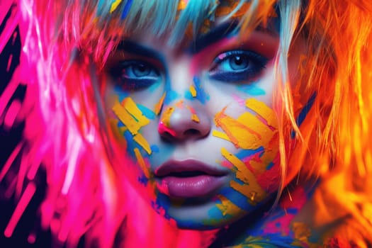 A close-up of a beautiful synthwave girl face is captured in a vibrantly surreal fashion photography style. Generative AI AIG27.