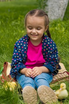Cute happy little girl with of small ducklings in the garden. Nature background.