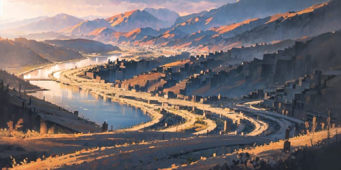 anime style background, landscape, golden river, beautiful sunrise over the mountains, field, panorama, generative ai, generative, ai