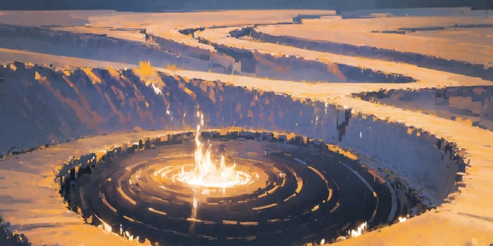 anime style background, landscape, golden river, beautiful sunrise over the mountains, field, panorama, generative ai, generative, ai