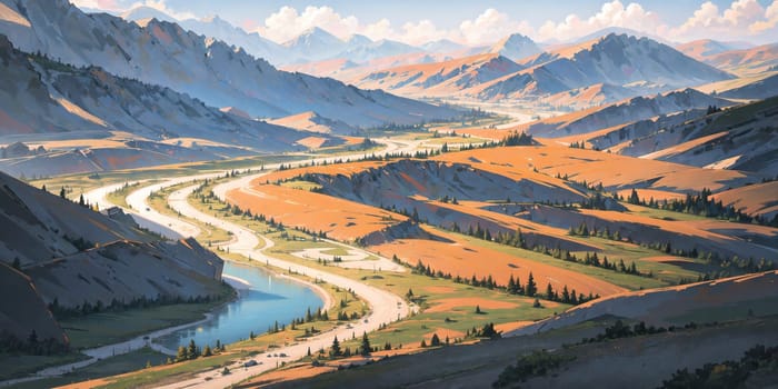 anime style background, landscape, golden river, beautiful sunrise over the mountains, field, panorama, generative ai, generative, ai