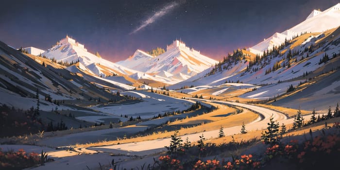 anime style background, landscape, golden river, beautiful sunrise over the mountains, field, panorama, generative ai, generative, ai