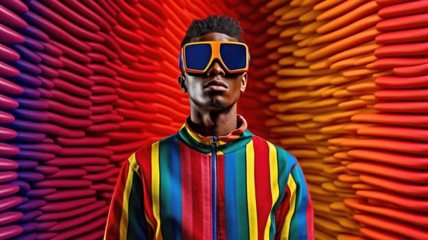 Young male model posing with trendy man fashion outfit and colorful optical art abstract background. Picturesque generative AI