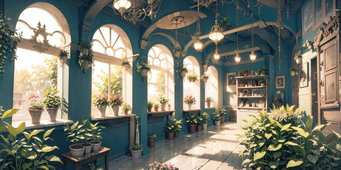 anime style background, game background, plants in greenhouse, store, garden, nursery, botanical, generative ai, generative, ai