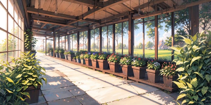 anime style background, game background, plants in greenhouse, store, garden, nursery, botanical, generative ai, generative, ai