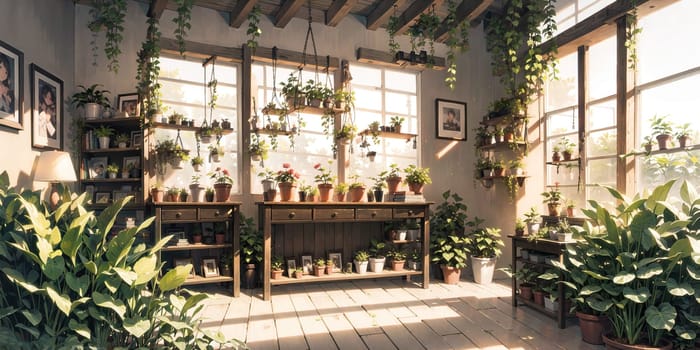 anime style background, game background, plants in greenhouse, store, garden, nursery, botanical, generative ai, generative, ai
