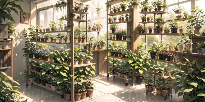 anime style background, game background, plants in greenhouse, store, garden, nursery, botanical, generative ai, generative, ai
