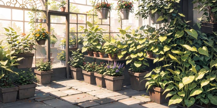anime style background, game background, plants in greenhouse, store, garden, nursery, botanical, generative ai, generative, ai