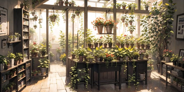 anime style background, game background, plants in greenhouse, store, garden, nursery, botanical, generative ai, generative, ai
