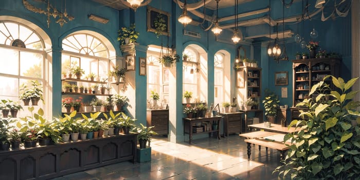 anime style background, game background, plants in greenhouse, store, garden, nursery, botanical, generative ai, generative, ai