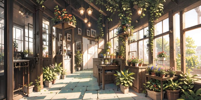 anime style background, game background, plants in greenhouse, store, garden, nursery, botanical, generative ai, generative, ai