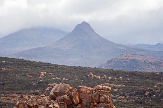 Scenic landscape at Truitjieskraal on a misty morning in the Cederberg Wilderness Area, Western Cape, South Africa