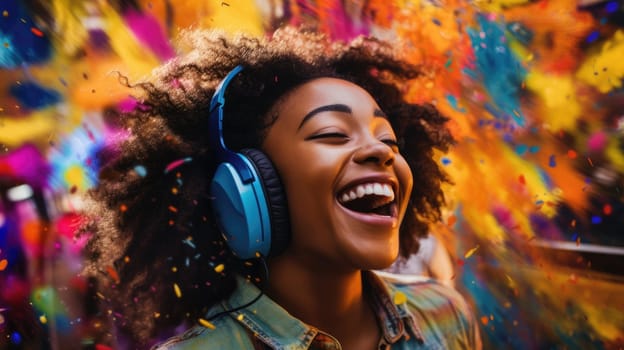 candid shot of an excited young african woman party with headphones. beautiful Generative AI AIG32