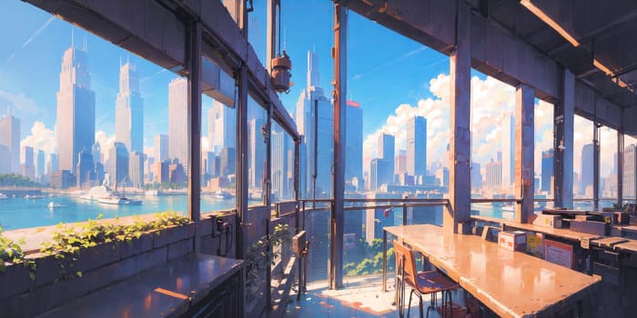 anime background, hong kong, city, business buildings, sunny, skyscraper, sky, blue sky, landscape, cityscape, generative ai, generative, ai