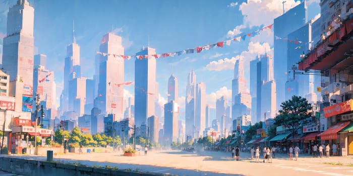 anime background, hong kong, city, business buildings, sunny, skyscraper, sky, blue sky, landscape, cityscape, generative ai, generative, ai