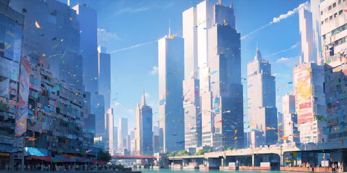 anime background, hong kong, city, business buildings, sunny, skyscraper, sky, blue sky, landscape, cityscape, generative ai, generative, ai