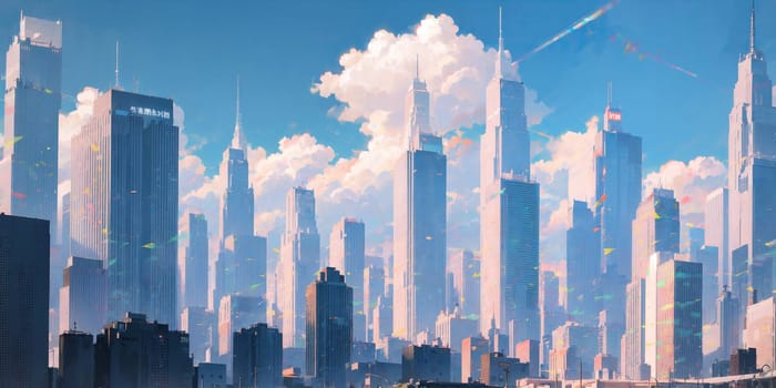 anime background, hong kong, city, business buildings, sunny, skyscraper, sky, blue sky, landscape, cityscape, generative ai, generative, ai