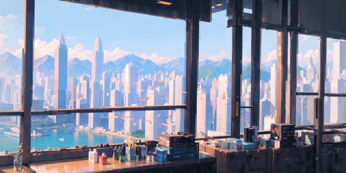 anime background, hong kong, city, business buildings, sunny, skyscraper, sky, blue sky, landscape, cityscape, generative ai, generative, ai