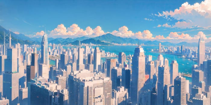 anime background, hong kong, city, business buildings, sunny, skyscraper, sky, blue sky, landscape, cityscape, generative ai, generative, ai